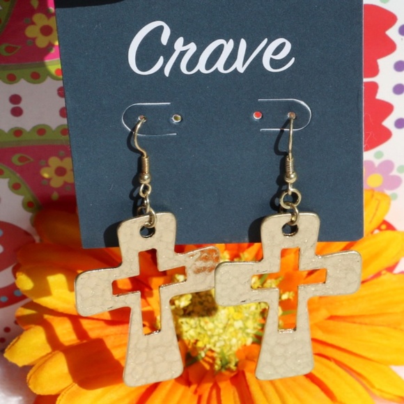 Boho Earrings Hammered Cross Dangles Goldtone - Picture 3 of 4